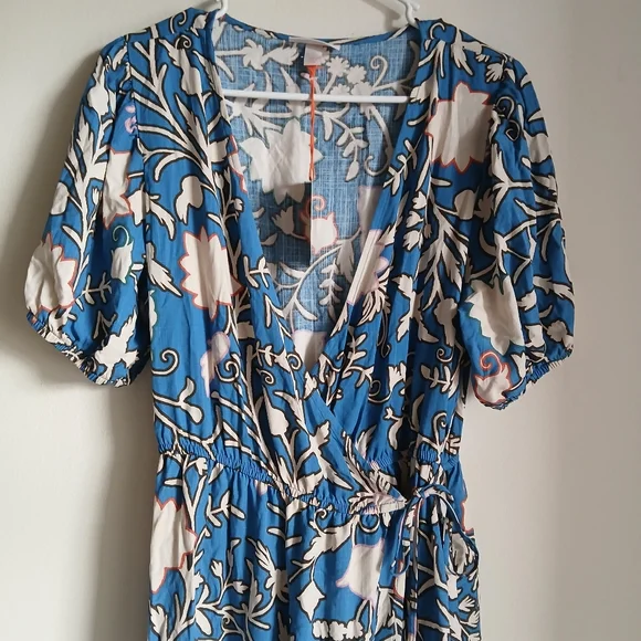 Women’s Knox Rose Blue Floral Puff Sleeve Layered Ruffle Hem Wrap Maxi Dress NWT - Picture 5 of 14